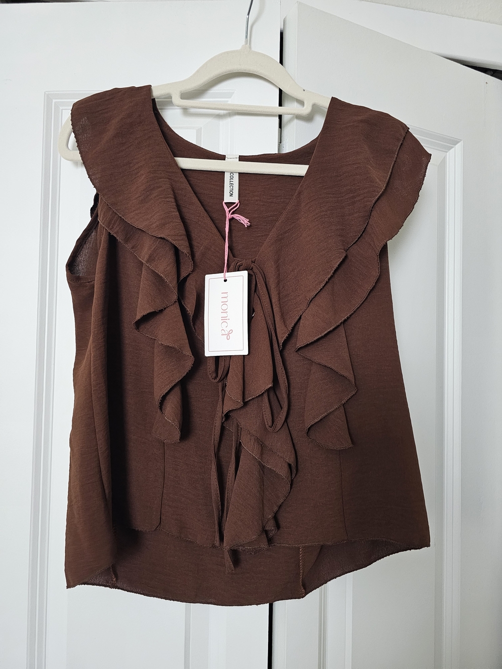 Monica's Brown Ruffle Front Sleeveless Camisole